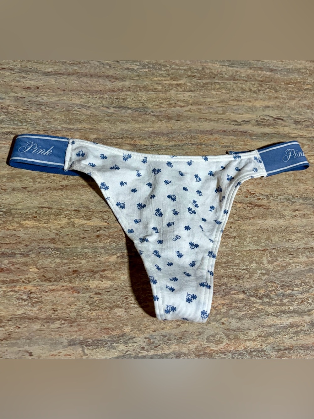 PINK Victoria's Secret White Thong Panty with Blue Floral Print